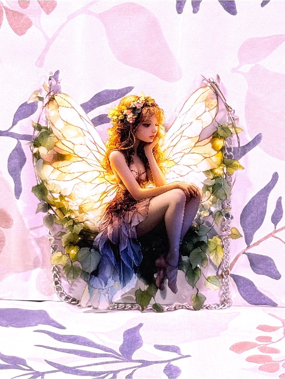 NWT 2D Flat Fairy Wing Acrylic Suncatcher with chain hanger-Floral Fairy Art